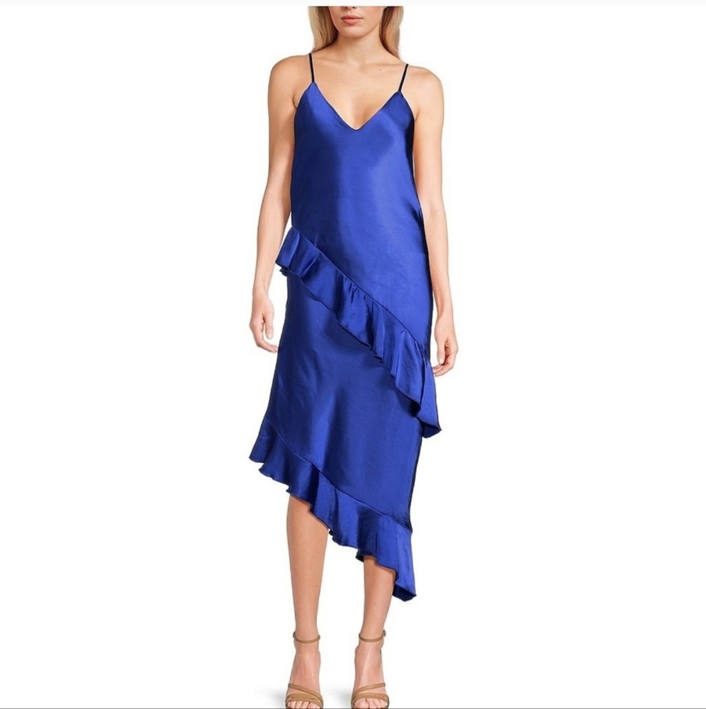 NWT GB Cascading Satin Asymmetrical Ruffle Colbalt Midi Dress Size XS